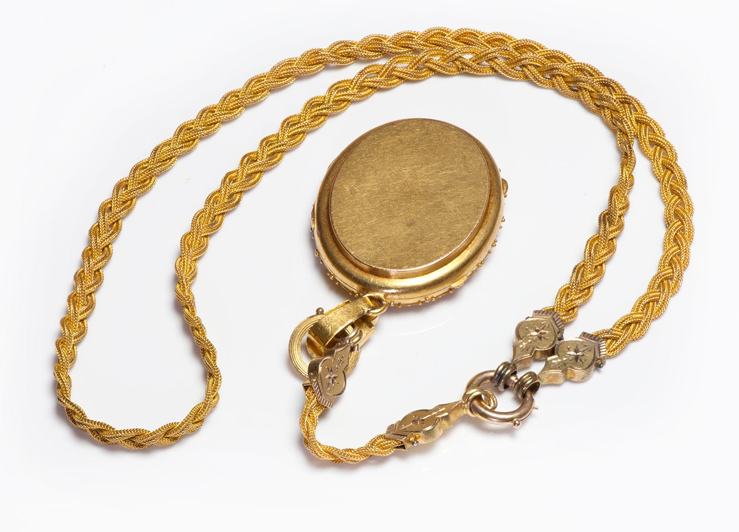 Victorian Etruscan Gold Locket with Attached Woven Mesh Chain