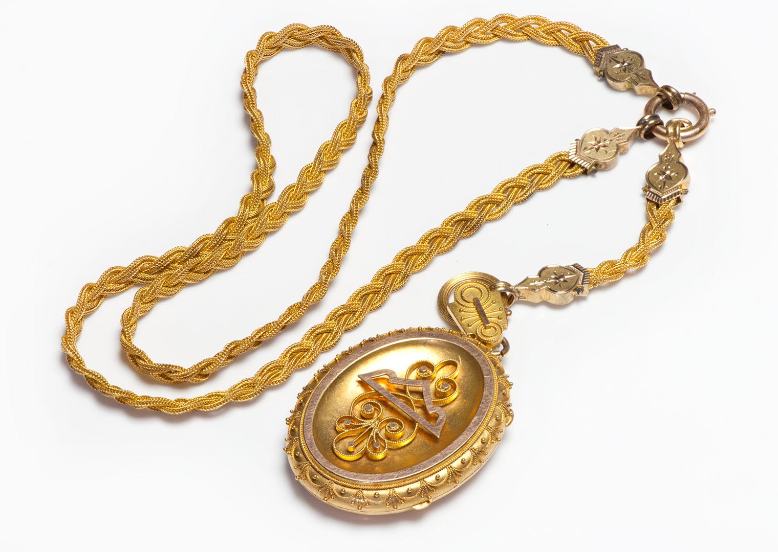 Victorian Etruscan Gold Locket with Attached Woven Mesh Chain