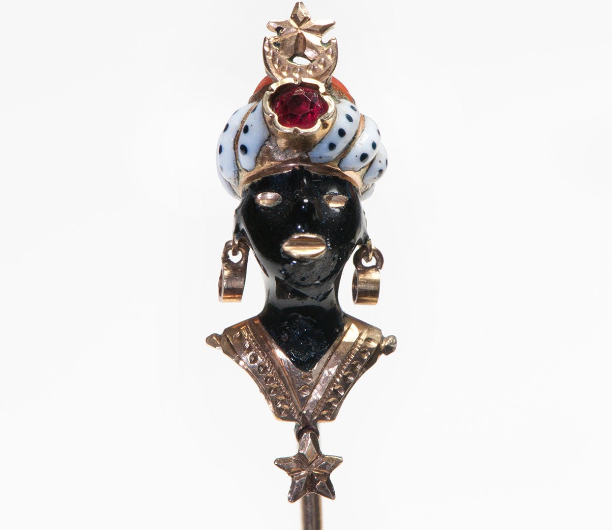 Victorian Gold Blackamoor Garnet Enamel Coral Stick Pin