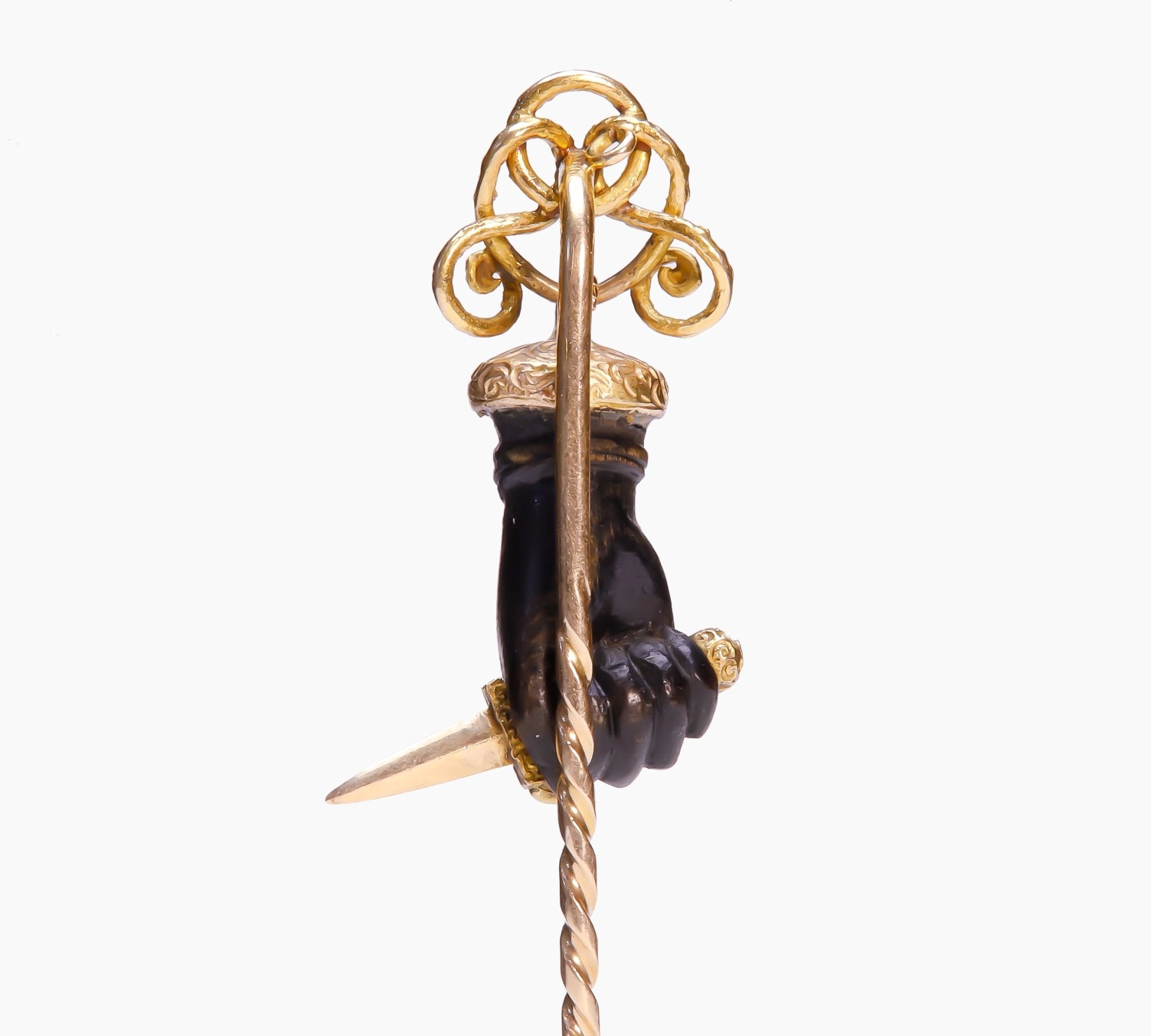 Victorian Gold Carved Horn Hand With Gold Ring and Dagger Stick Pin