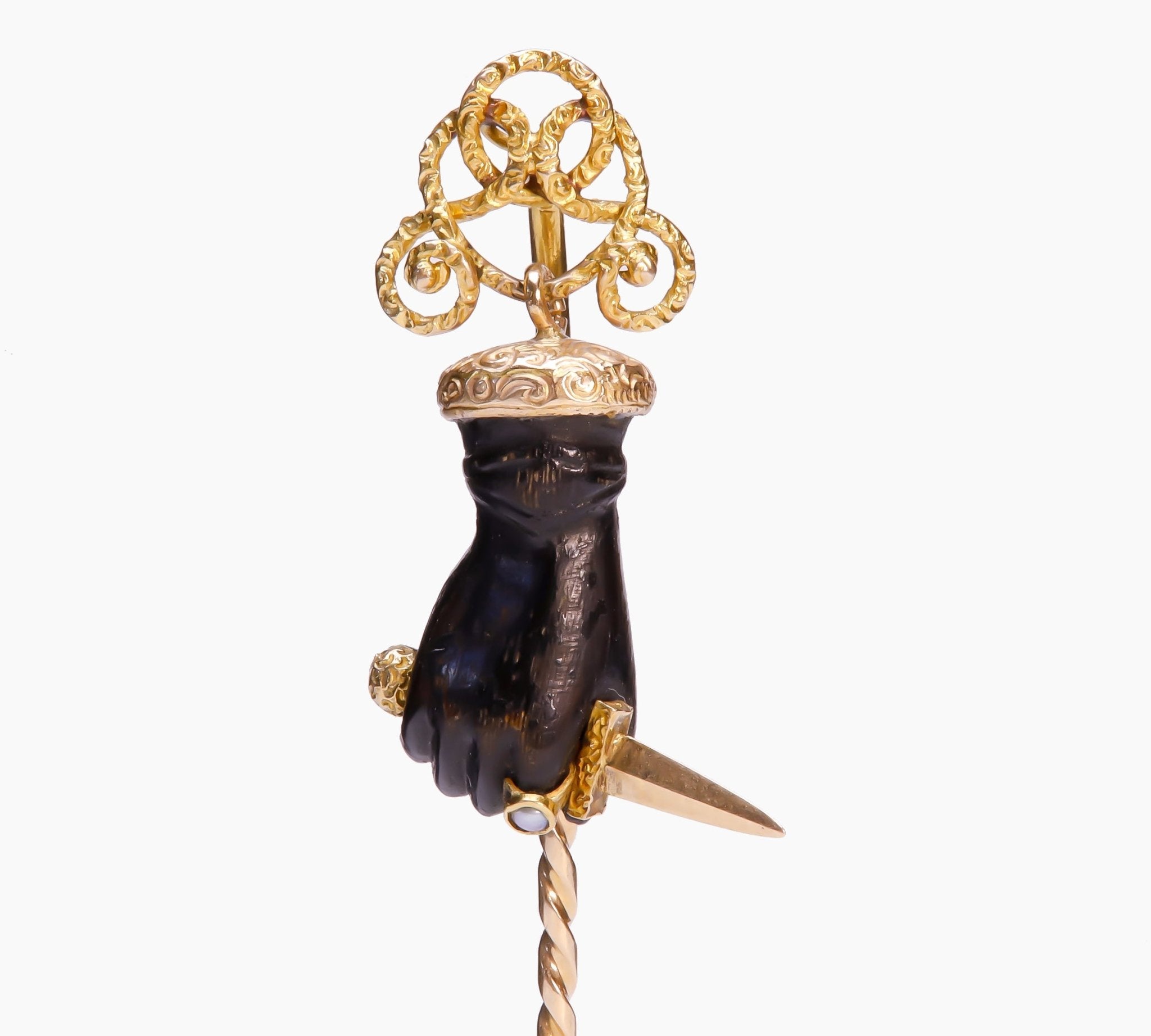 Victorian Gold Carved Horn Hand With Gold Ring and Dagger Stick Pin