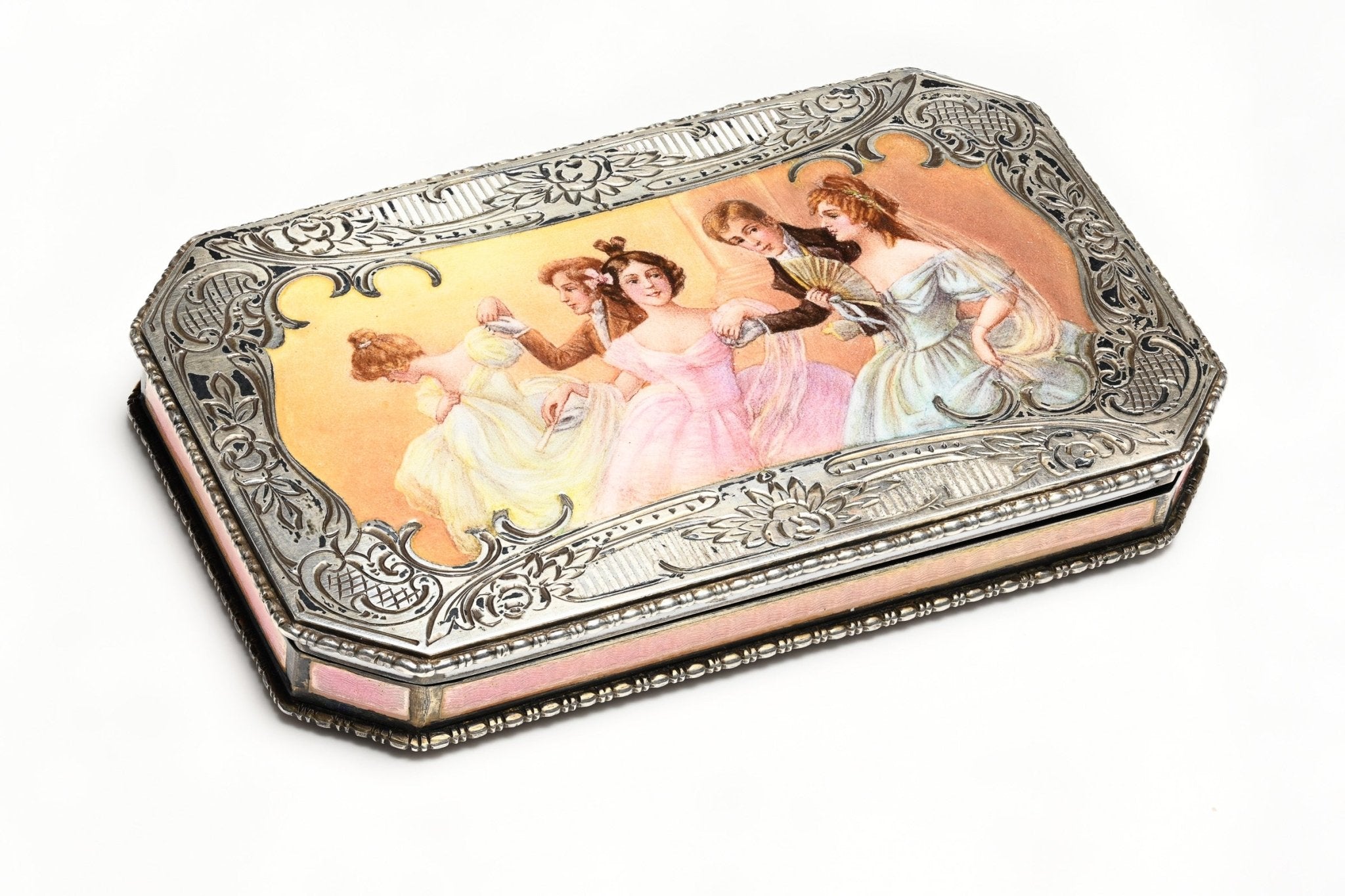 Victorian Revelry: Antique Silver Enamel Case Party Dance Scene Depiction