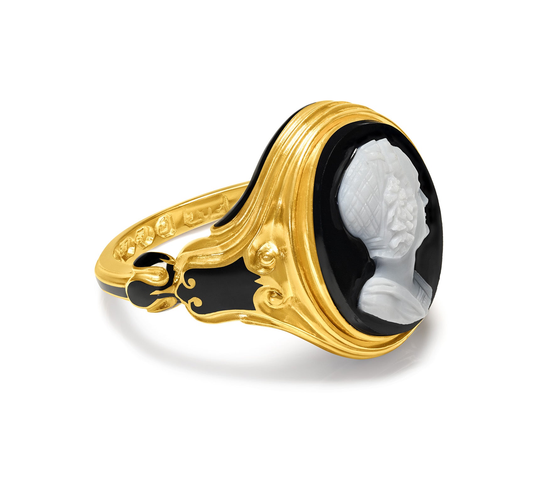 Antique 1840 Victorian Gold Black Enamel Cameo Portrait Ring
