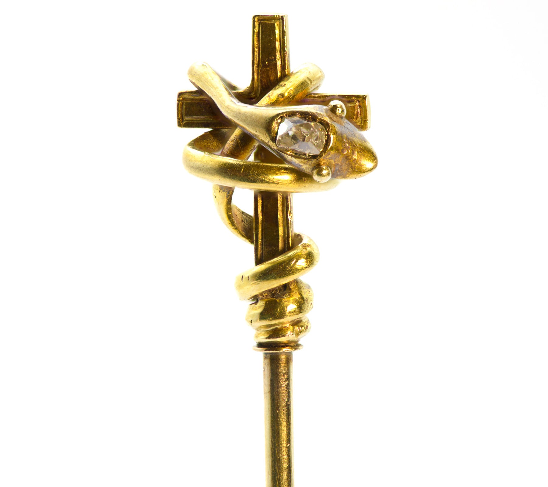 Antique Snake Cross Stickpin – 14K Gold with Rose Cut Diamond