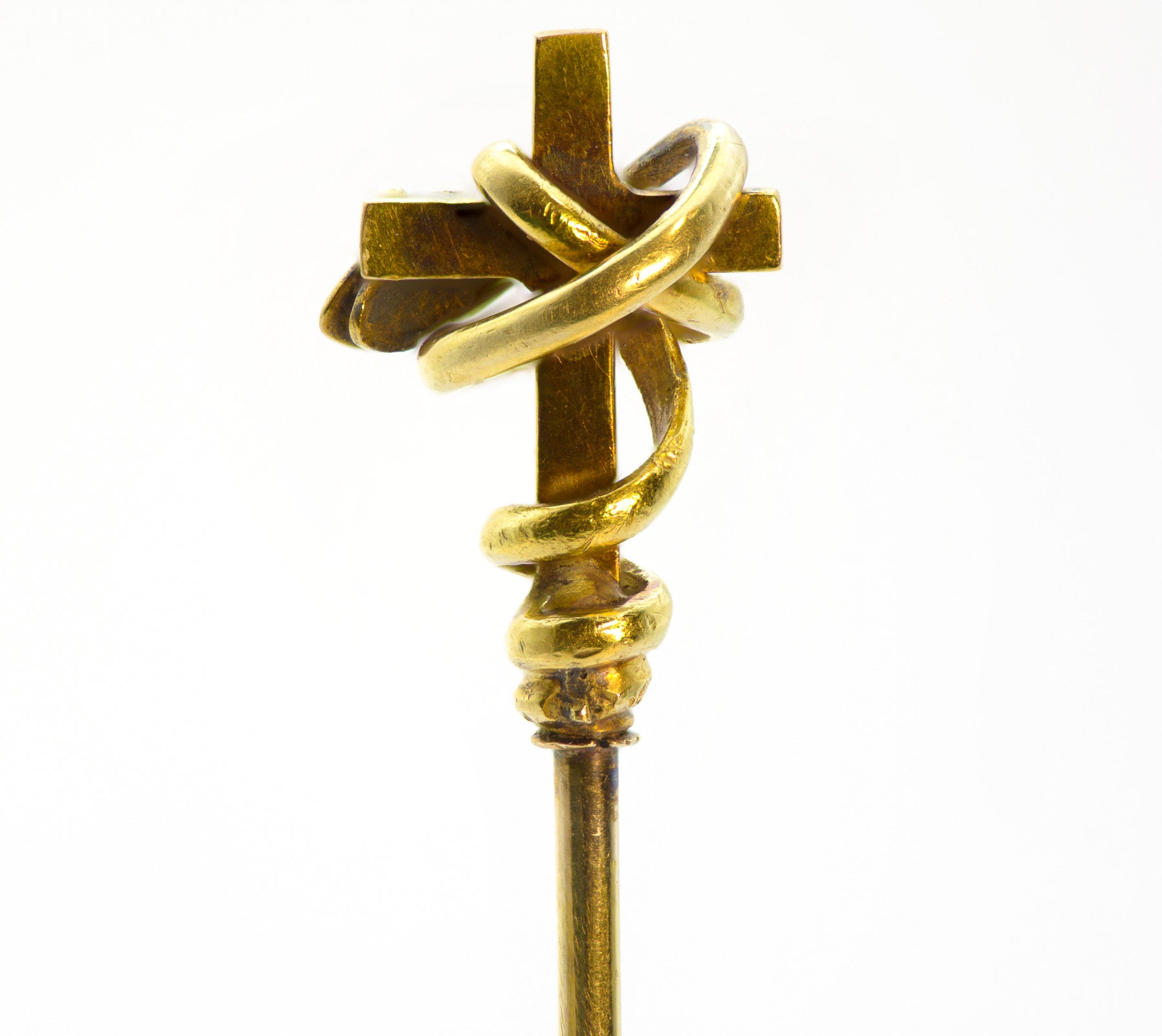 Victorian Snake & Cross Stickpin – 14K Gold with Rose Cut Diamond