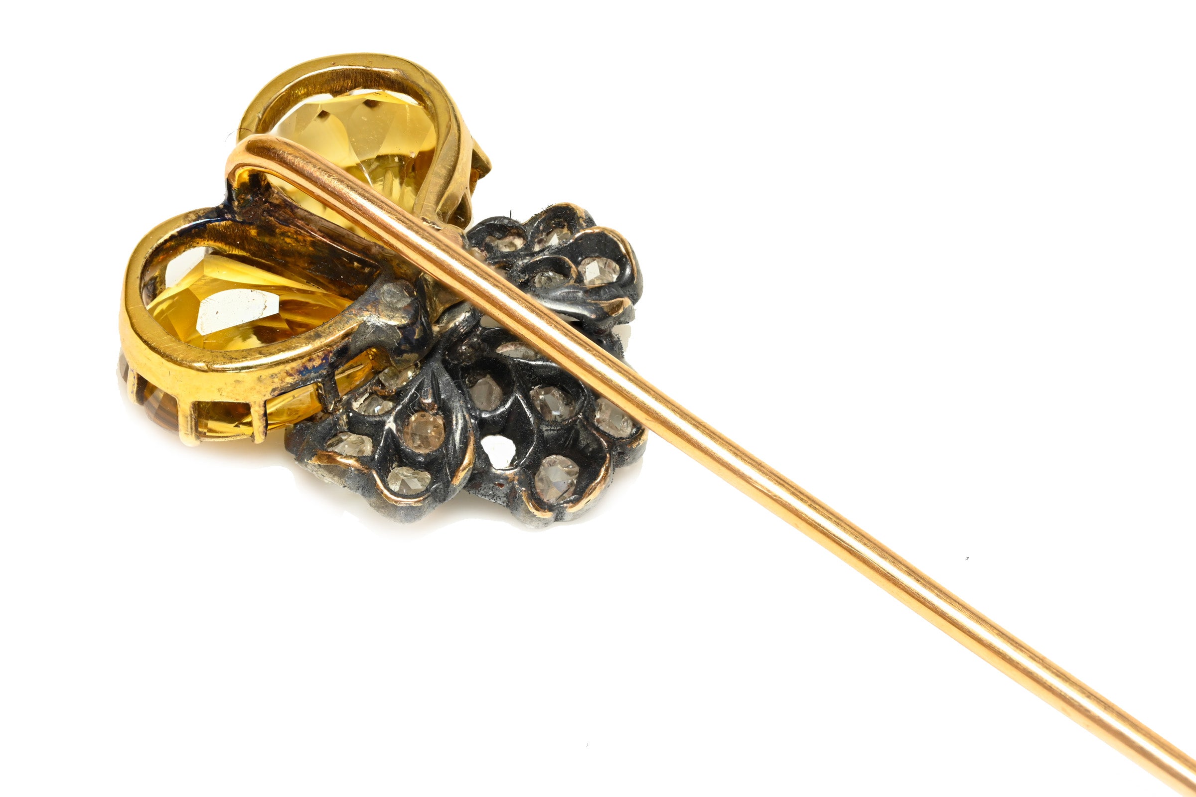 Victorian Citrine and Rose-Cut Diamond Flower Stick Pin Gold Silver