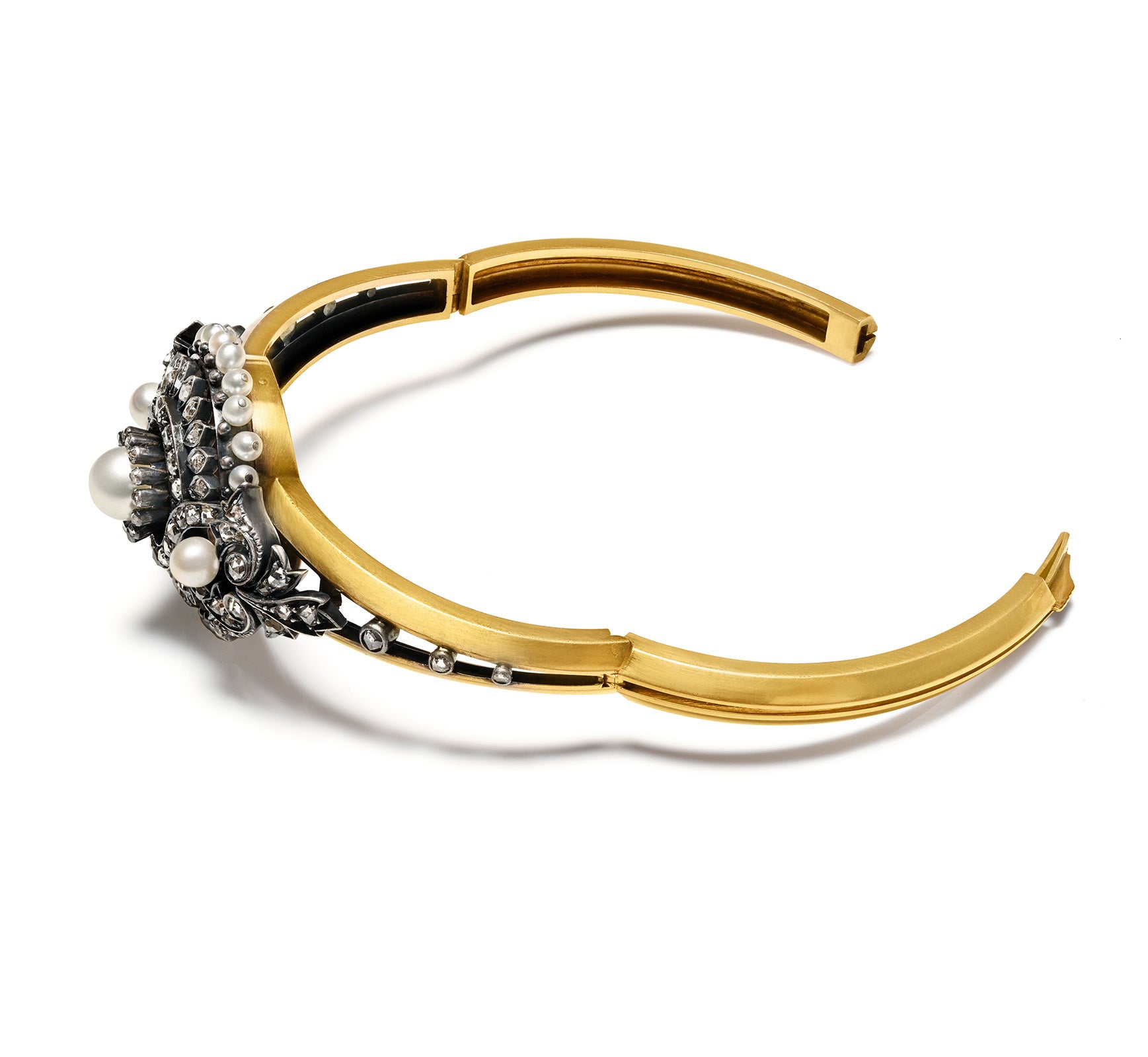 Victorian Gold Diamond Pearl Bangle Bracelet Silver