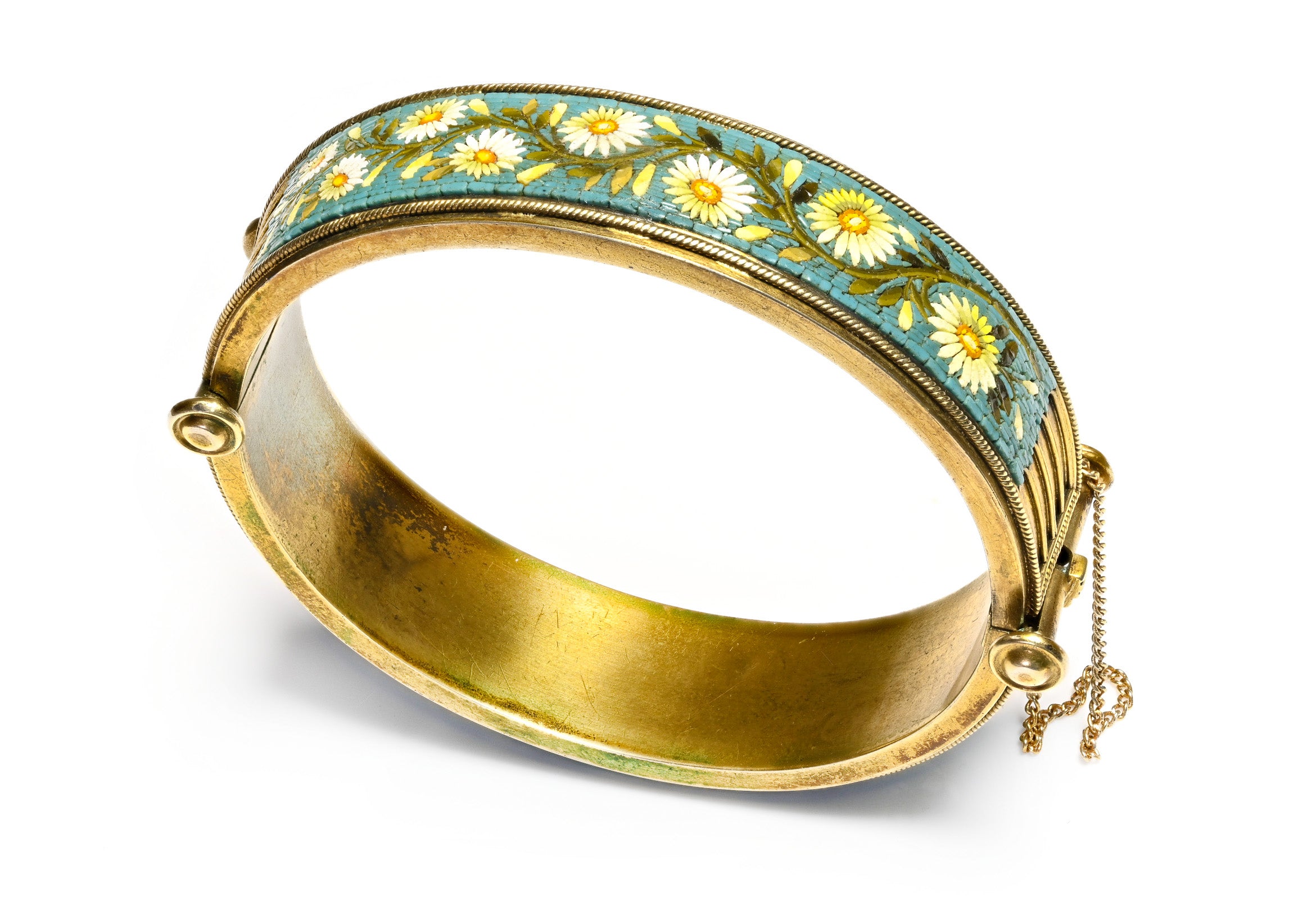 Victorian Silver Mosaic Bangle Bracelet with Flowers