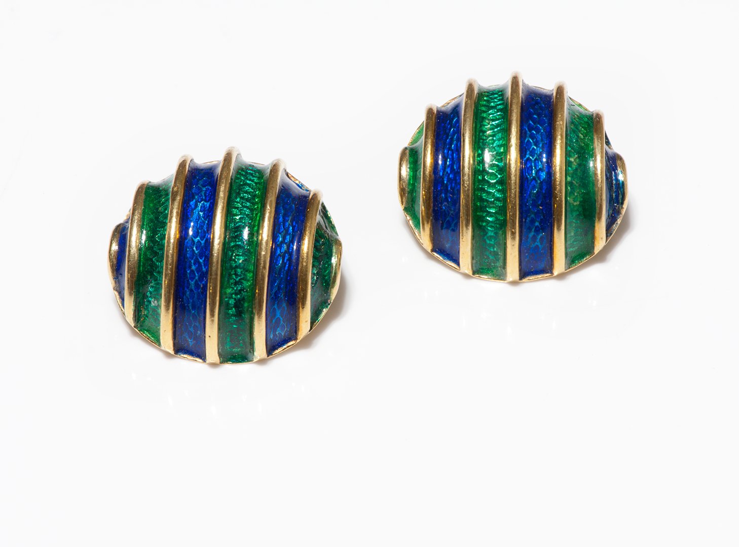 Vintage 18K Gold Blue and Green Enamel Earrings