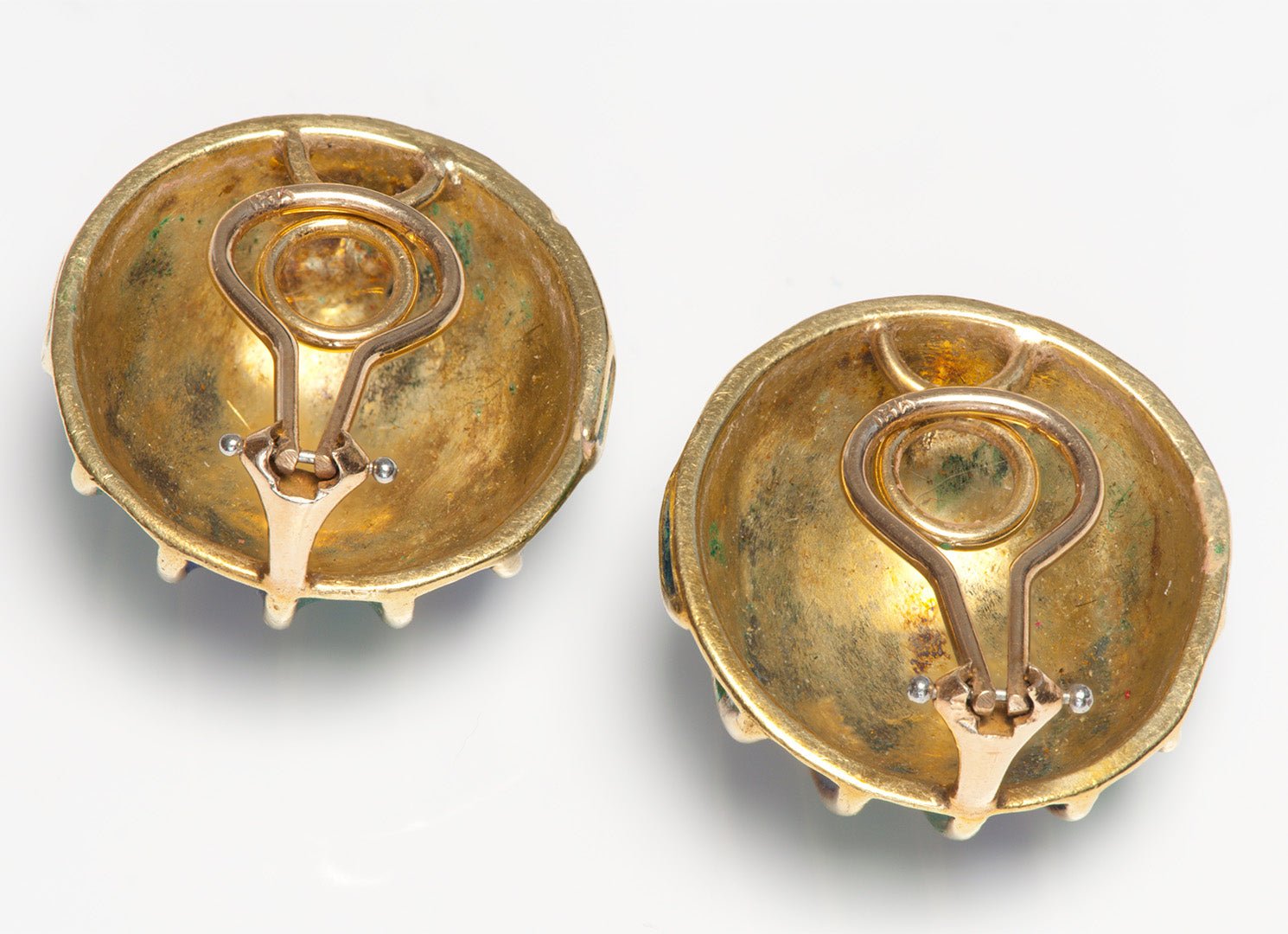 Vintage 18K Gold Blue and Green Enamel Earrings