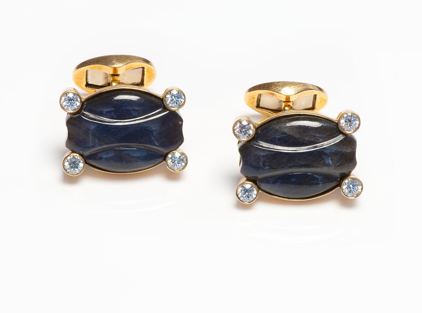 Vintage 18K Gold Carved Labradorite & Diamond Cufflinks