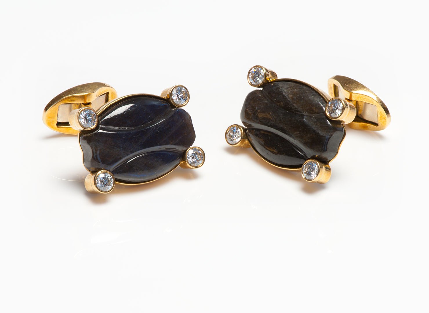 Vintage 18K Gold Carved Labradorite & Diamond Cufflinks