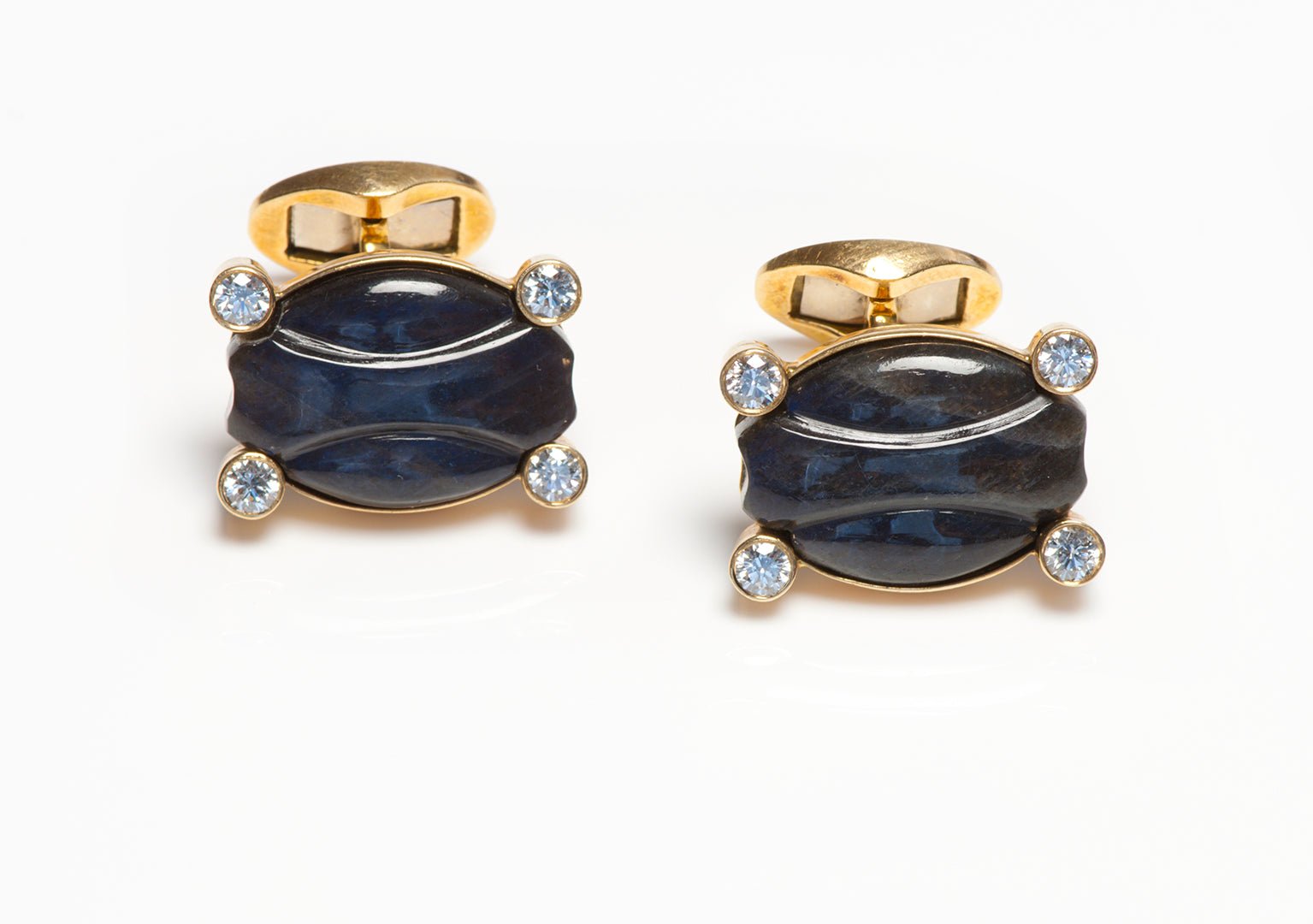 Vintage 18K Gold Carved Labradorite & Diamond Cufflinks