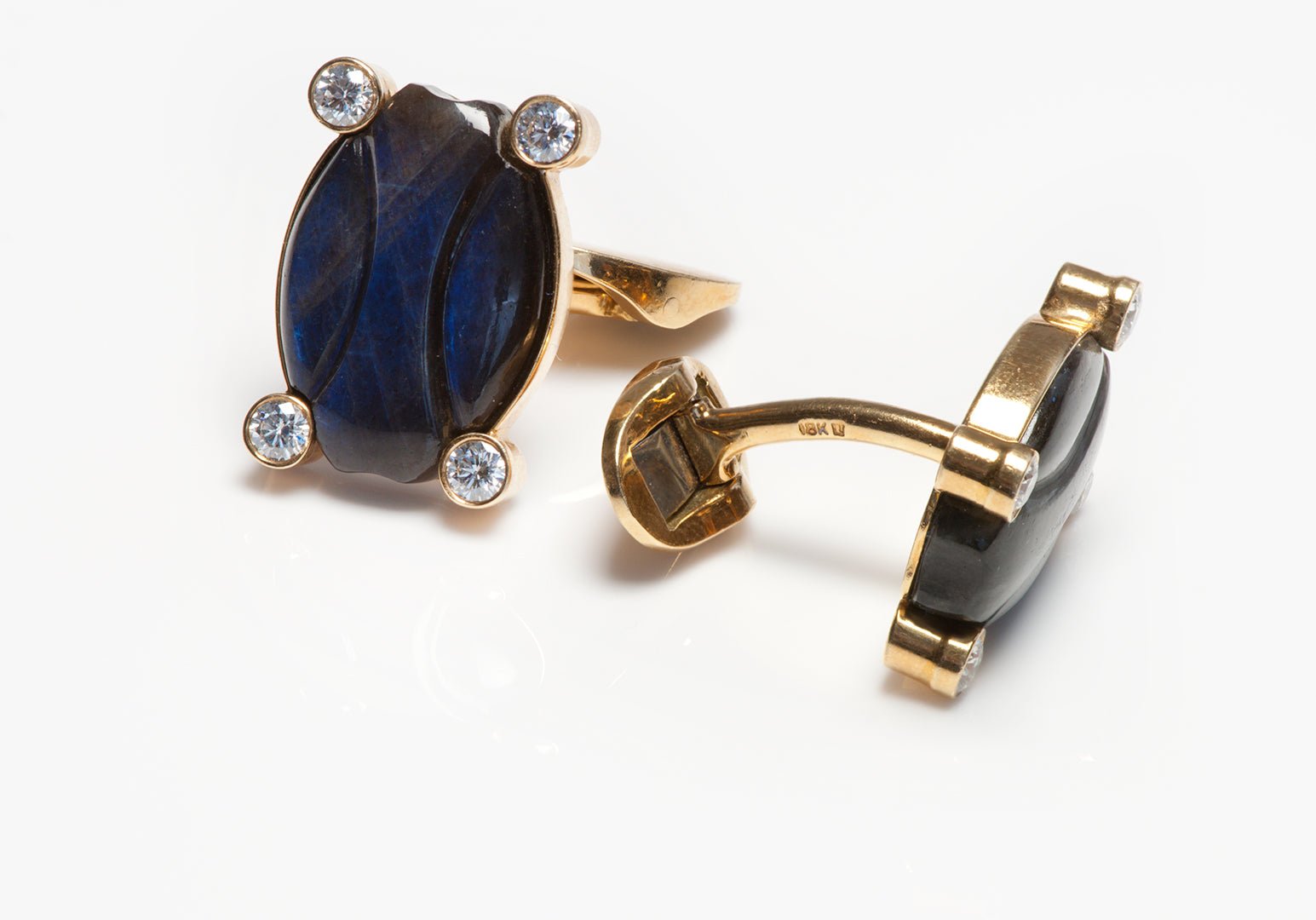 Vintage 18K Gold Carved Labradorite & Diamond Cufflinks