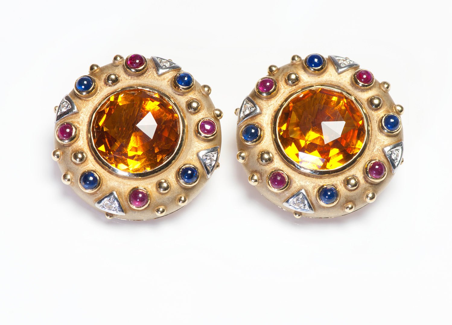 Vintage 18K Gold Citrine Diamond Sapphire Ruby Earrings