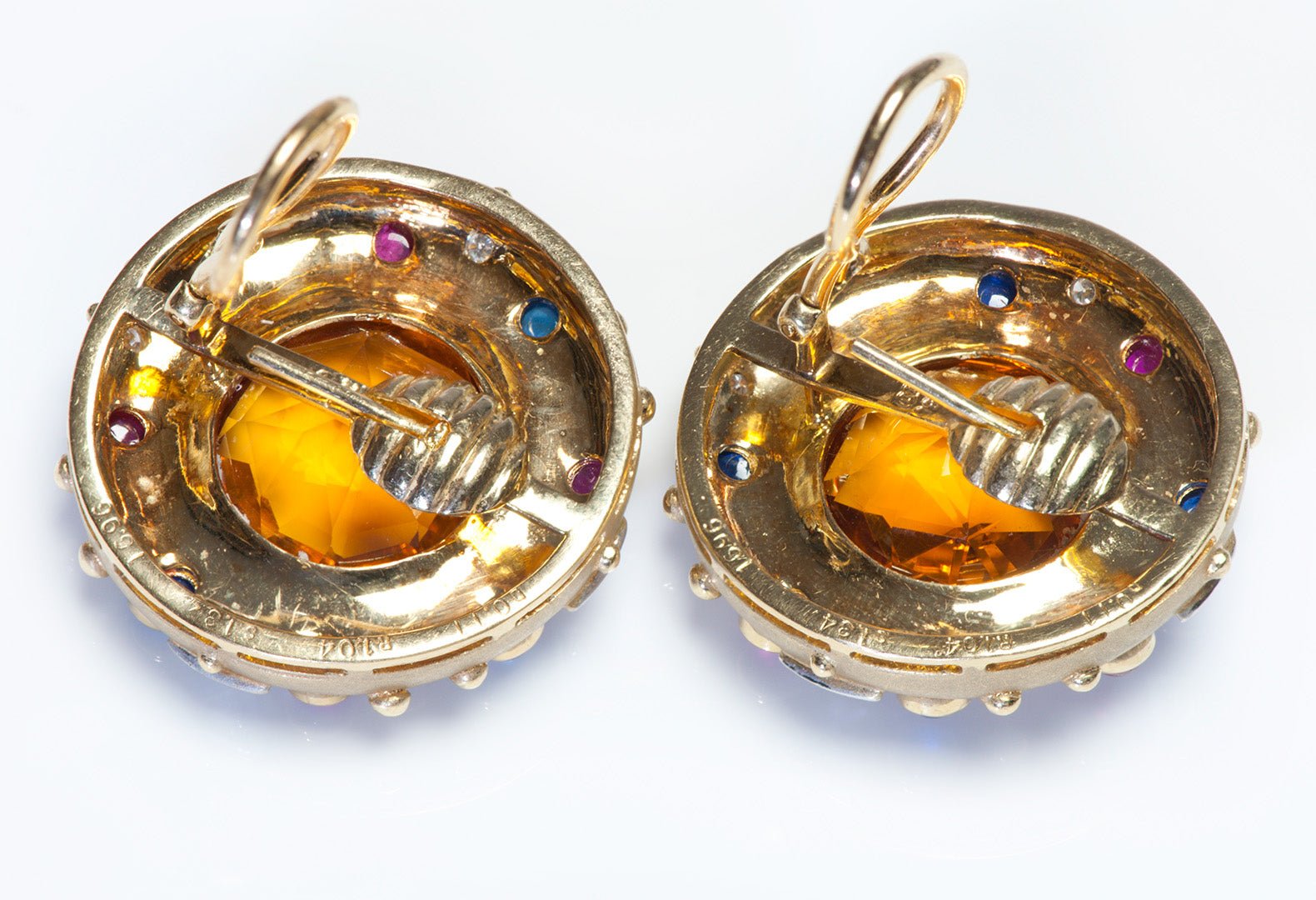 Vintage 18K Gold Citrine Diamond Sapphire Ruby Earrings