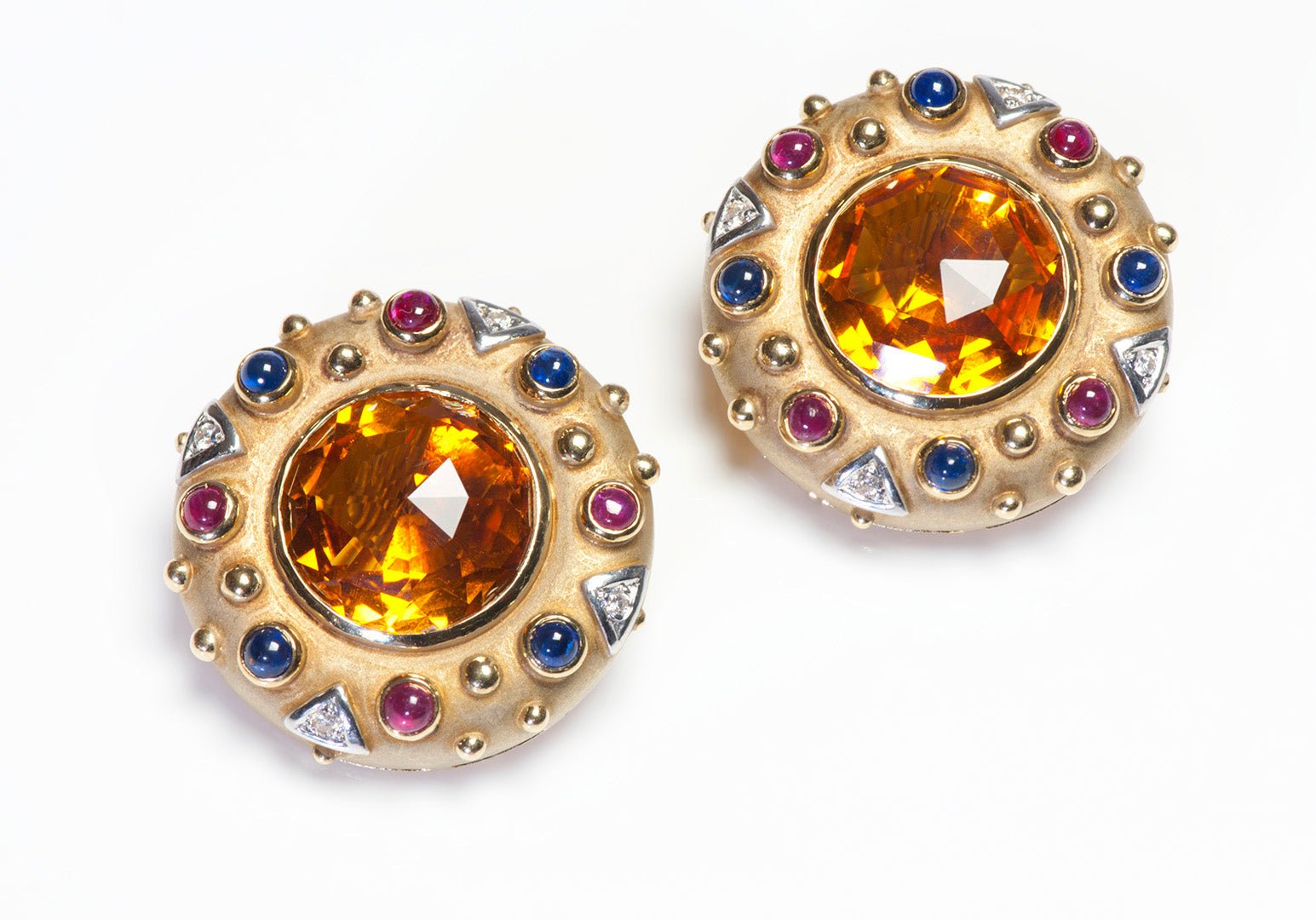 Vintage 18K Gold Citrine Diamond Sapphire Ruby Earrings