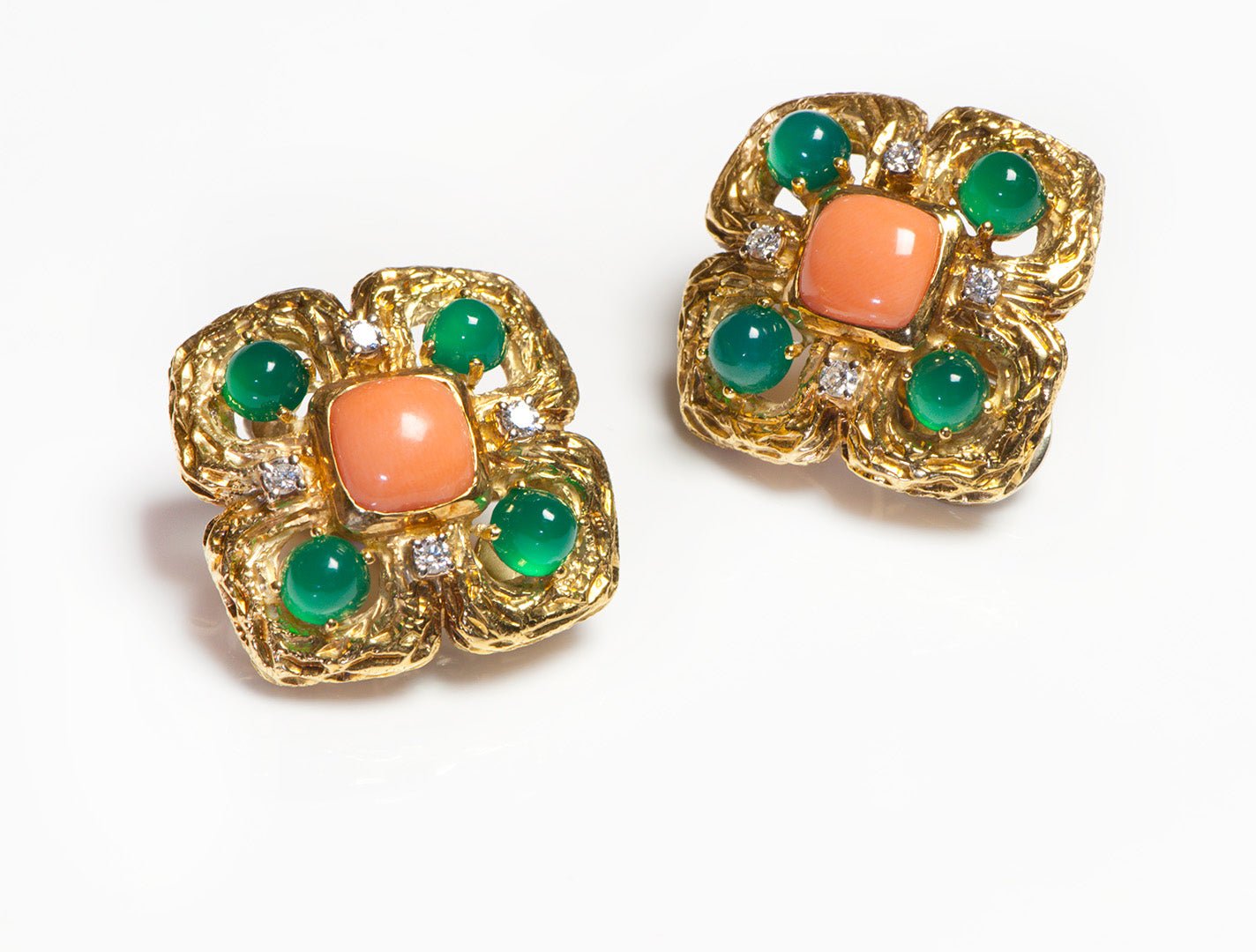 Vintage 18K Gold Coral Green Onyx Diamond Earrings