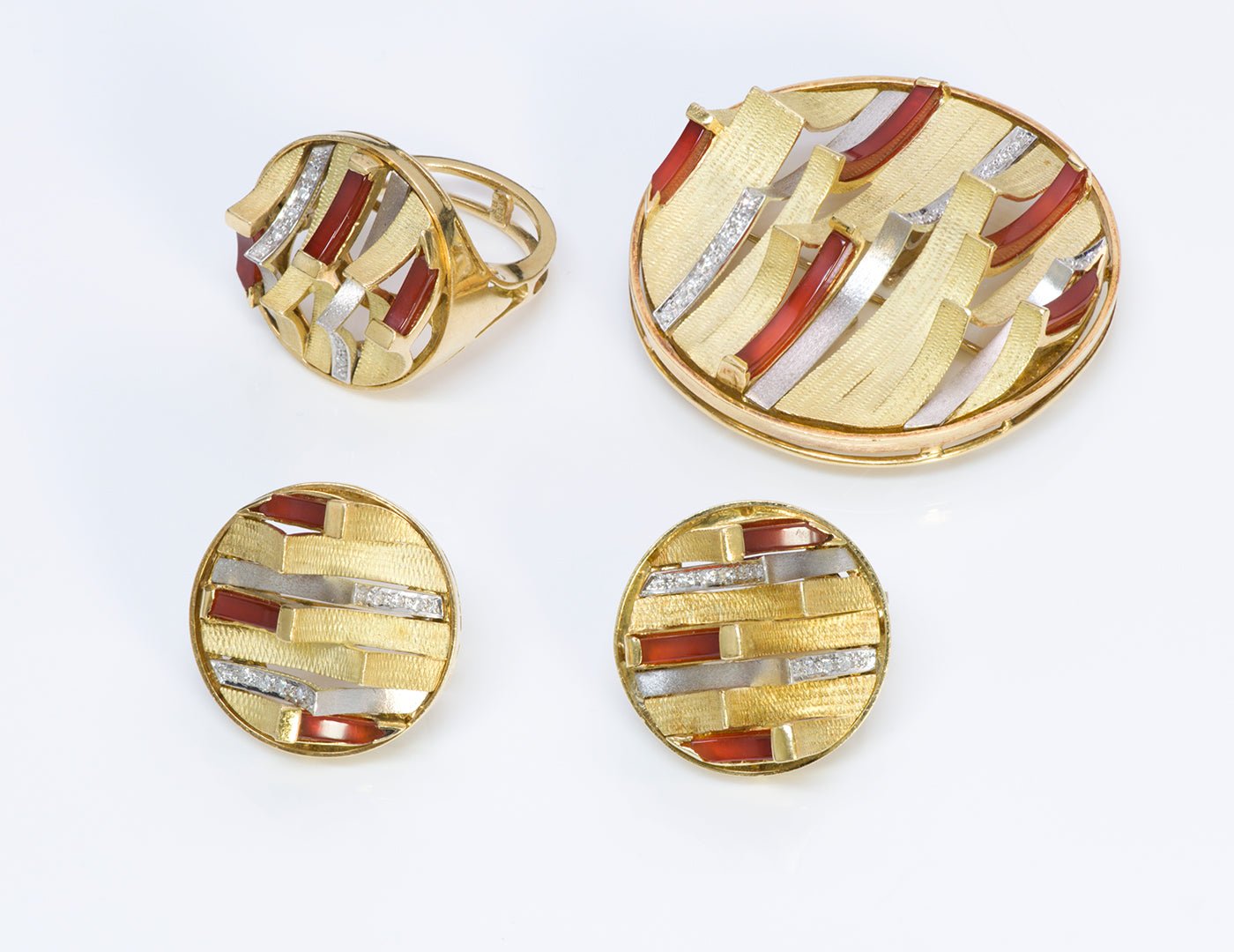 Vintage 18K Gold Diamond Carnelian Earrings Ring Brooch Set