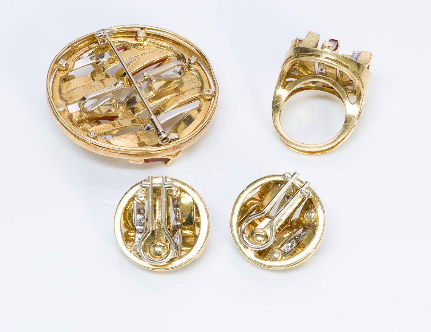 Vintage 18K Gold Diamond Carnelian Earrings Ring Brooch Set