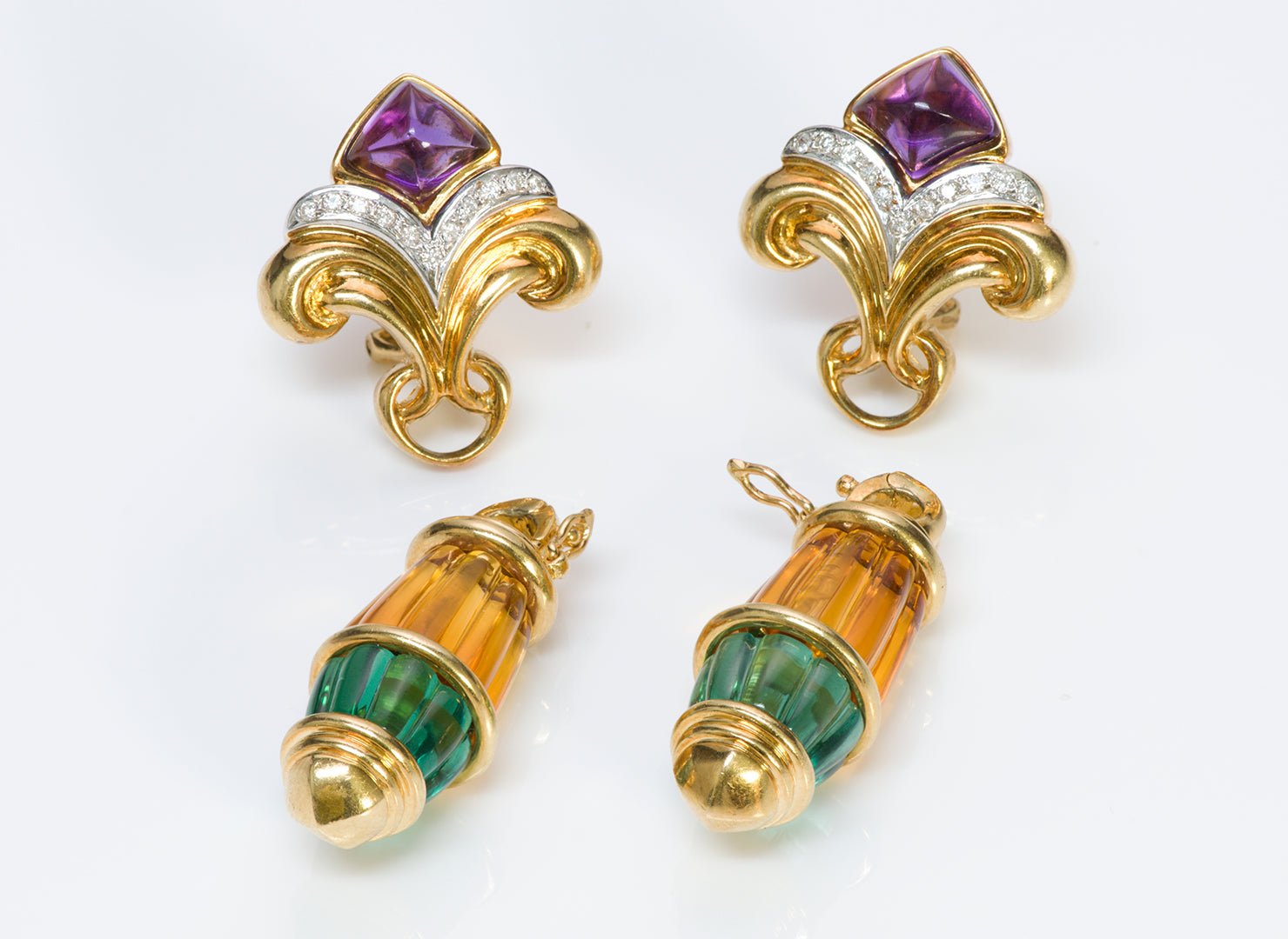 Vintage 18K Gold Diamond Citrine Tourmaline & Amethyst Earrings Detachable Drops