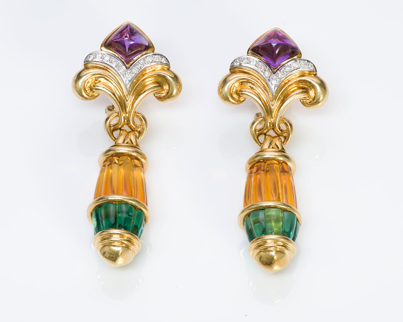 Vintage 18K Gold Diamond Citrine Tourmaline & Amethyst Earrings Detachable Drops