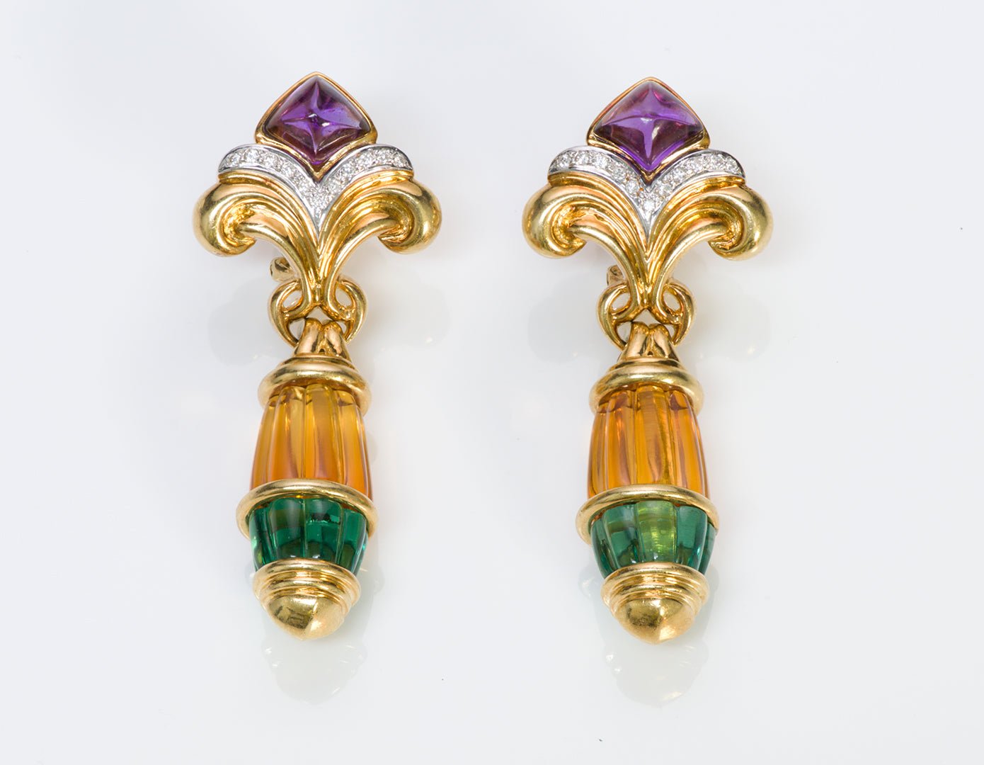 Vintage 18K Gold Diamond Citrine Tourmaline & Amethyst Earrings Detachable Drops