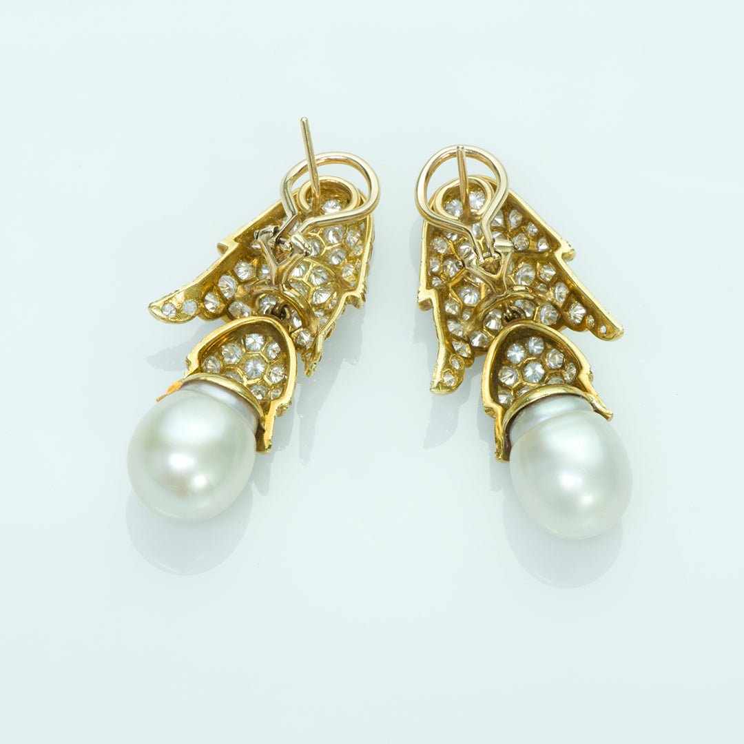 Vintage 18K Gold Diamond Pearl Earrings
