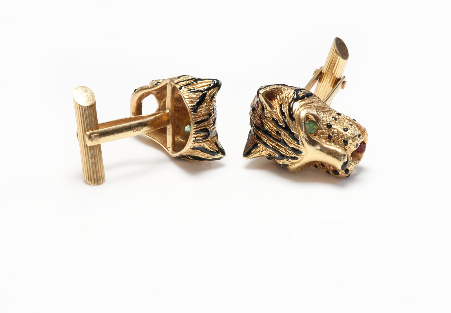 Vintage 18K Gold Enamel Emerald Tiger Cufflinks