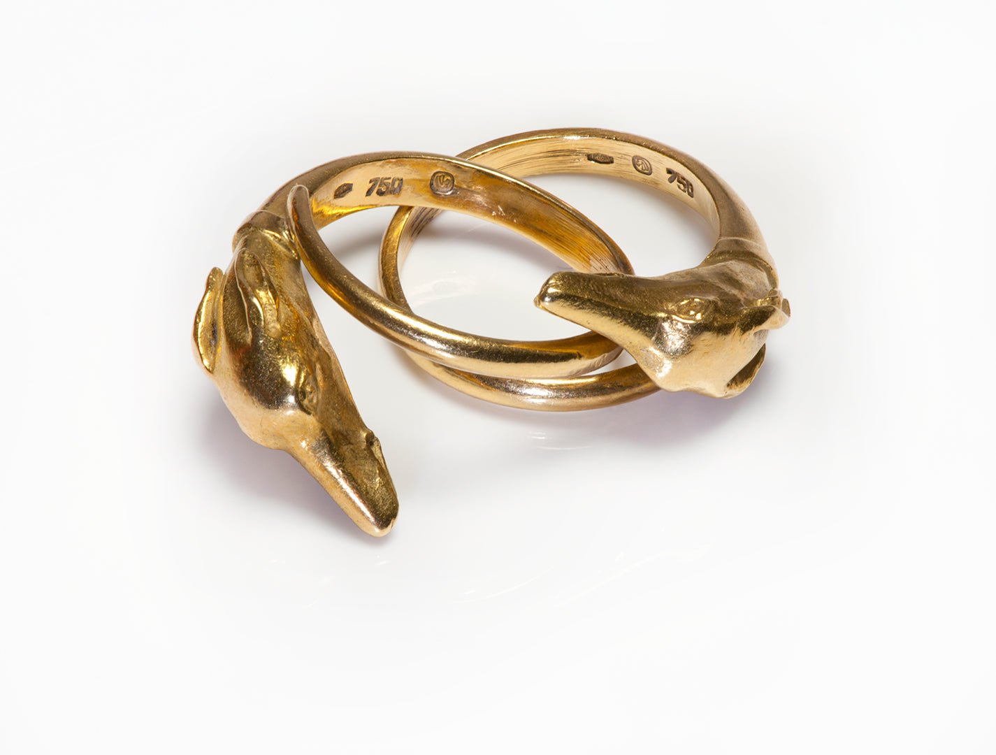 Vintage 18K Gold Handmade Interlocking Greyhound Dog Rings