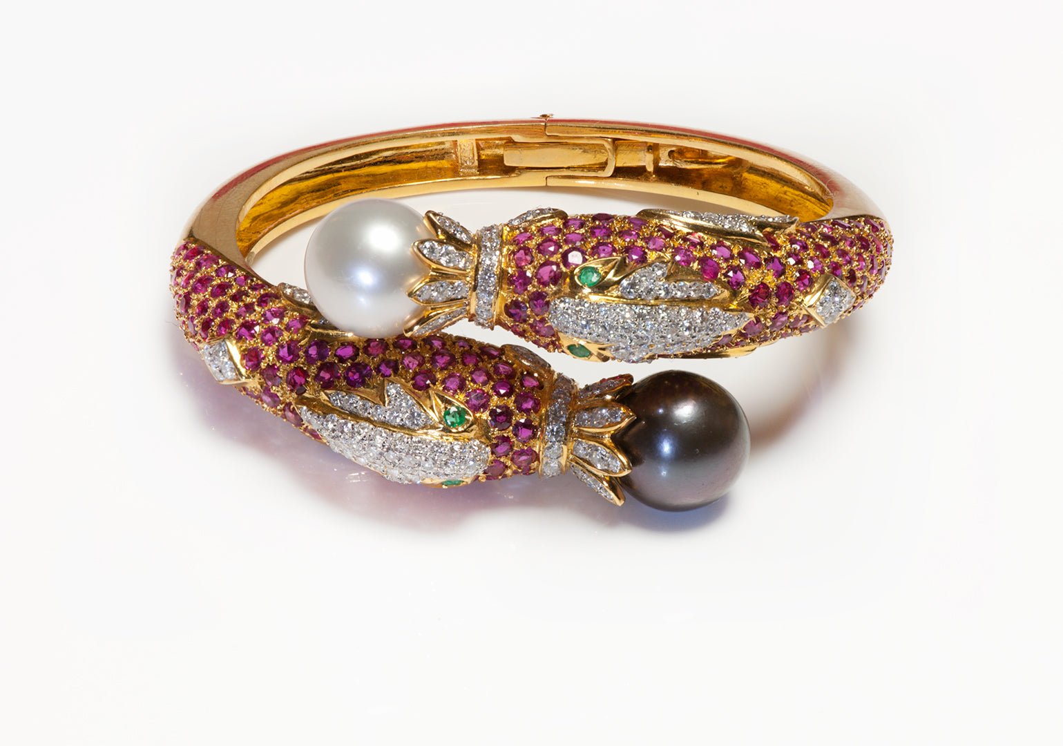 Vintage 18K Gold Pearl Ruby Diamond Emerald Bracelet