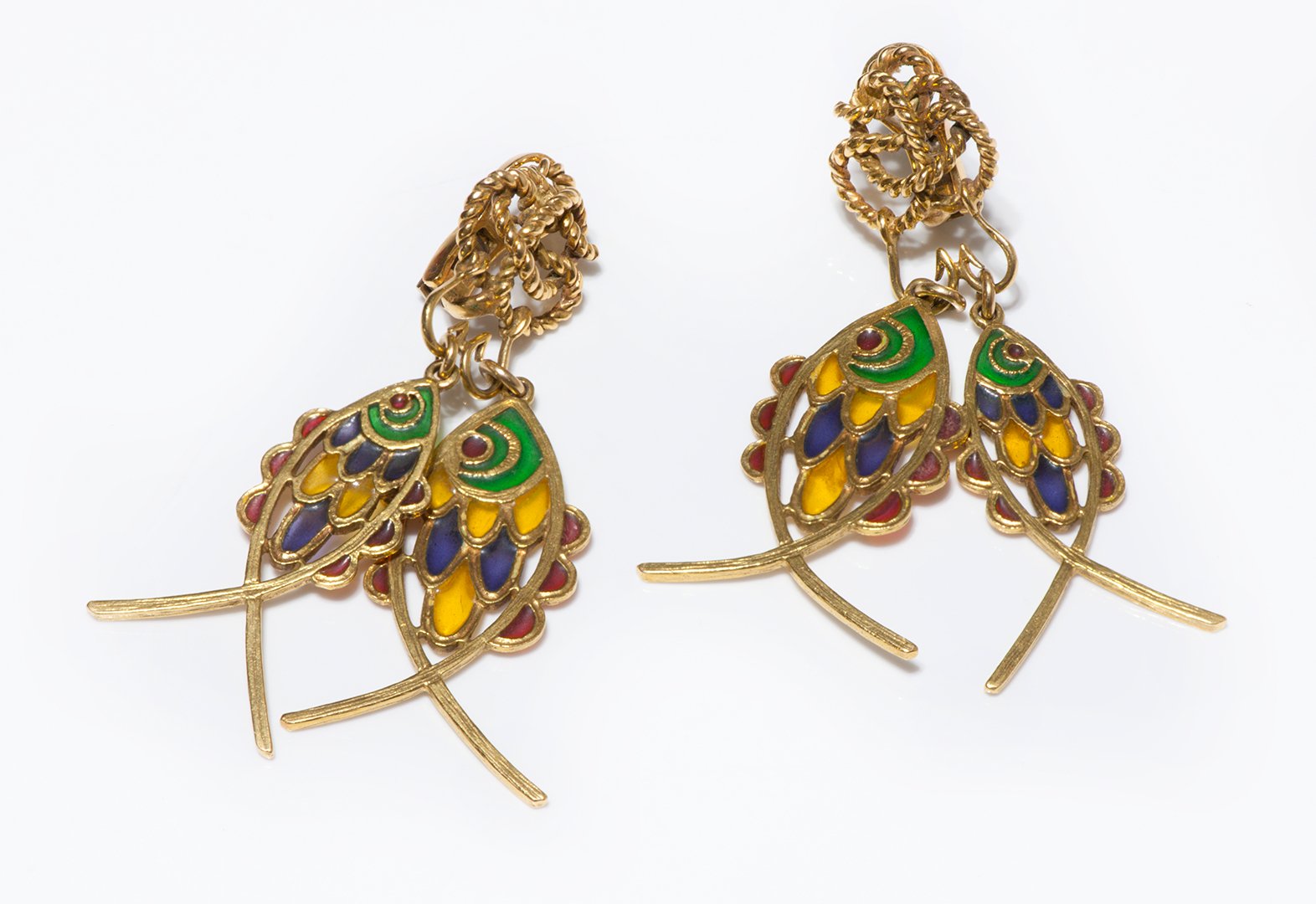 Vintage 18K Gold Plique a Jour Stylized Fish Earrings