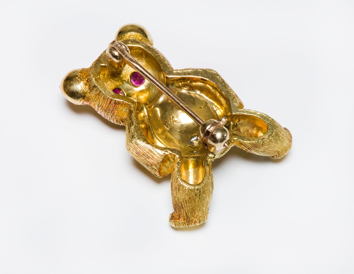 Vintage 18K Gold Ruby Diamond Teddy Bear Brooch