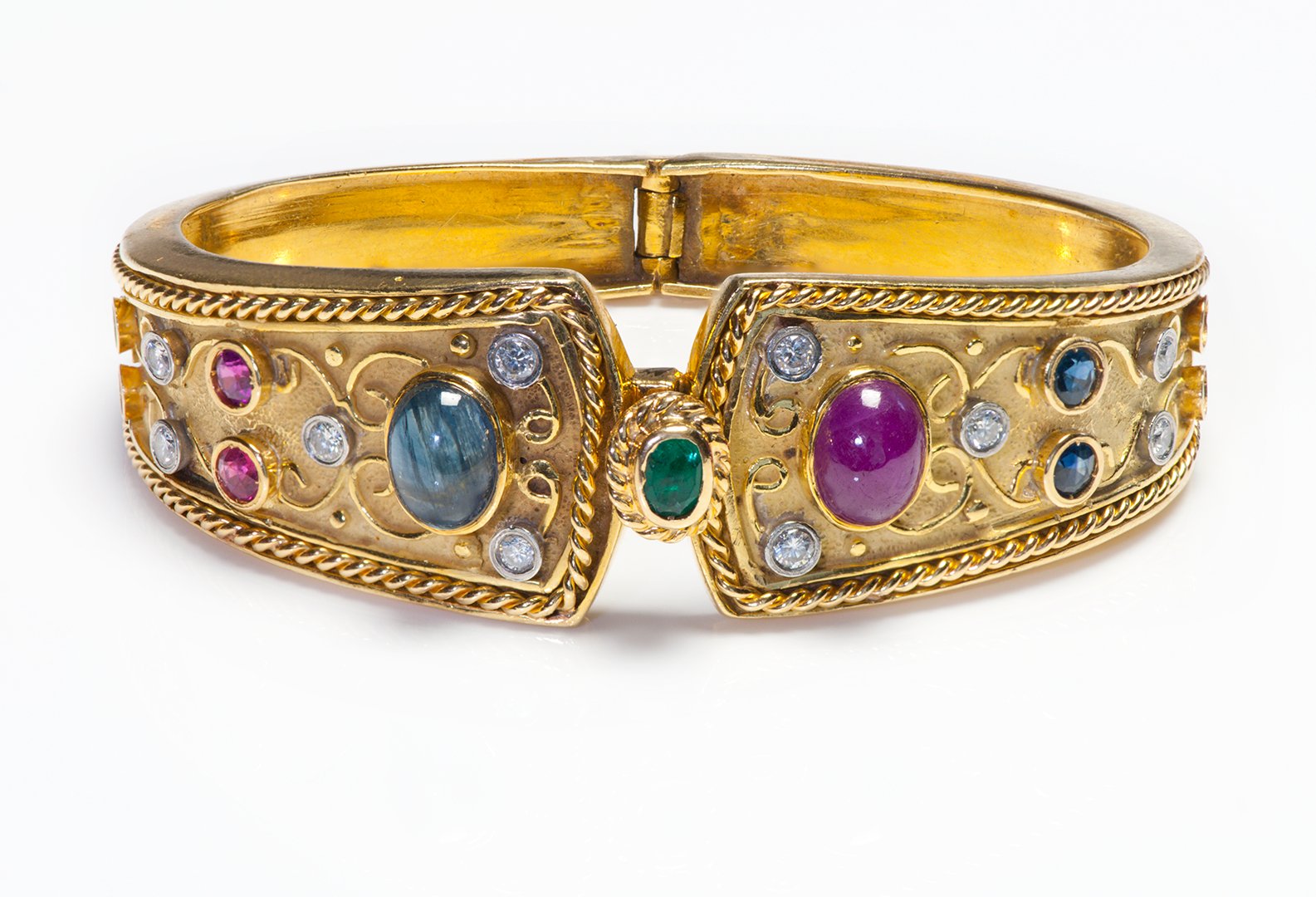 Vintage 18K Gold Ruby Sapphire Emerald Diamond Bangle Bracelet