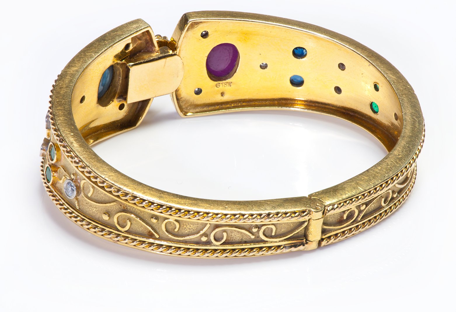 Vintage 18K Gold Ruby Sapphire Emerald Diamond Bangle Bracelet