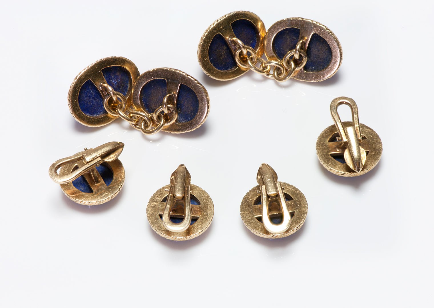 Vintage 18K Textured Gold Lapis Cufflink & 4 Stud Set