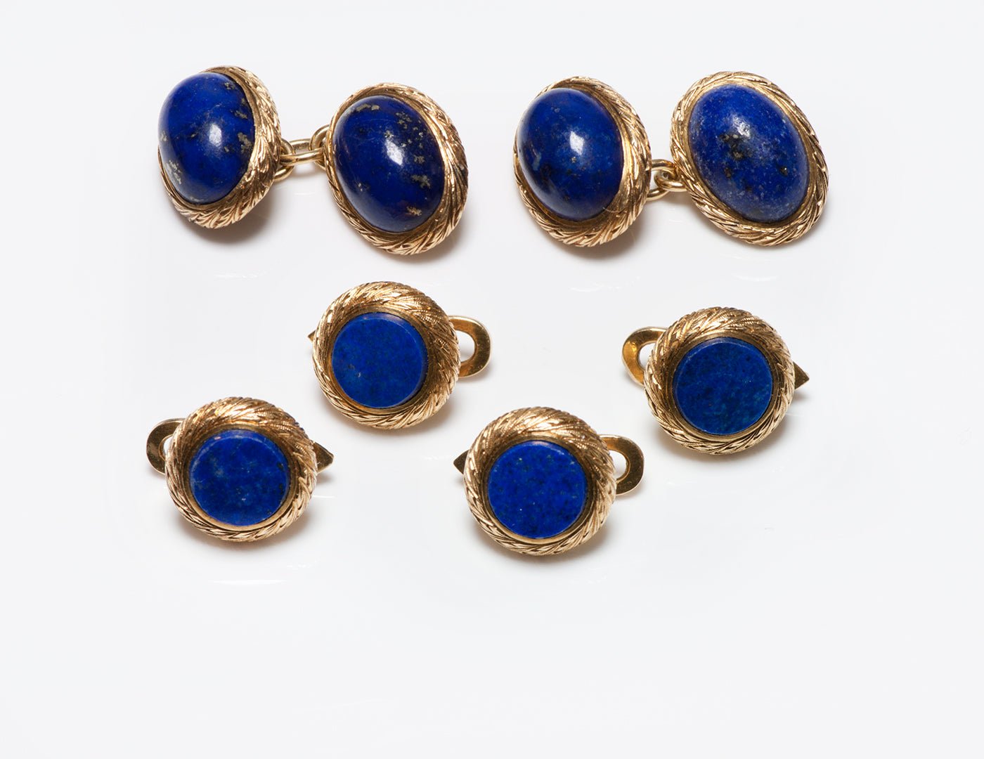 Vintage 18K Textured Gold Lapis Cufflink & 4 Stud Set
