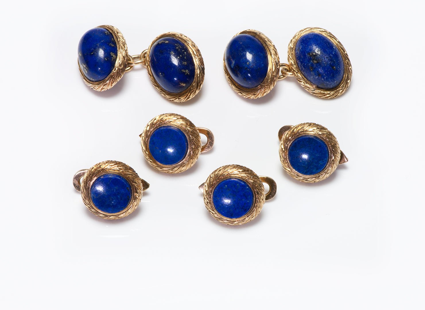 Vintage 18K Textured Gold Lapis Cufflink & 4 Stud Set