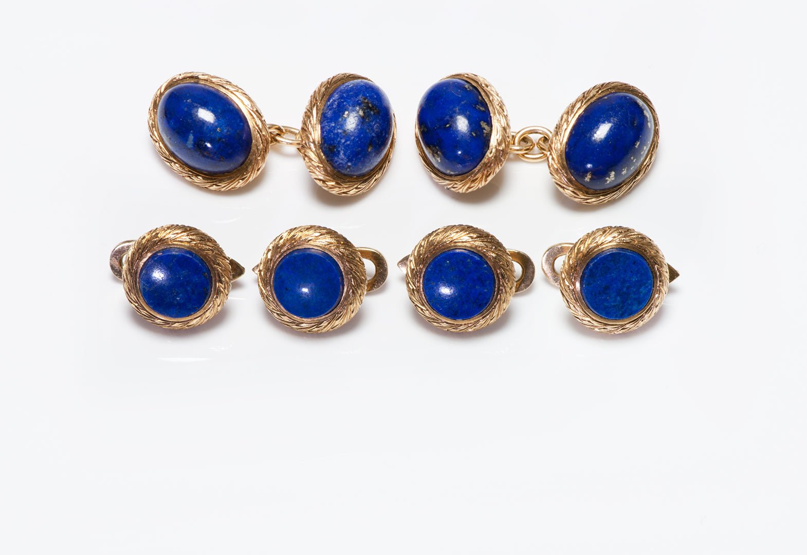 Vintage 18K Textured Gold Lapis Cufflink & 4 Stud Set