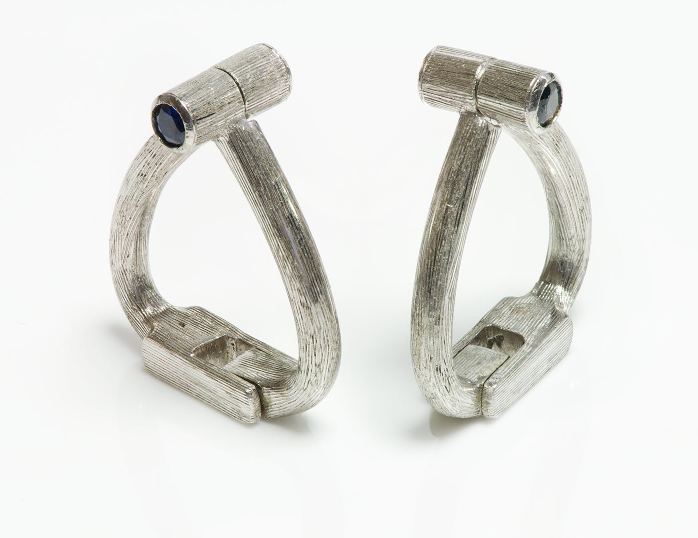 Vintage 18K White Gold Florentine Cross Over Cufflinks & Sapphire Finials