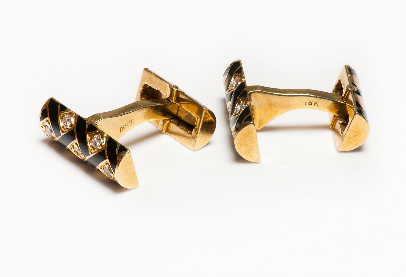 Vintage 18K Yellow Gold Black Enamel Diamond Cufflinks