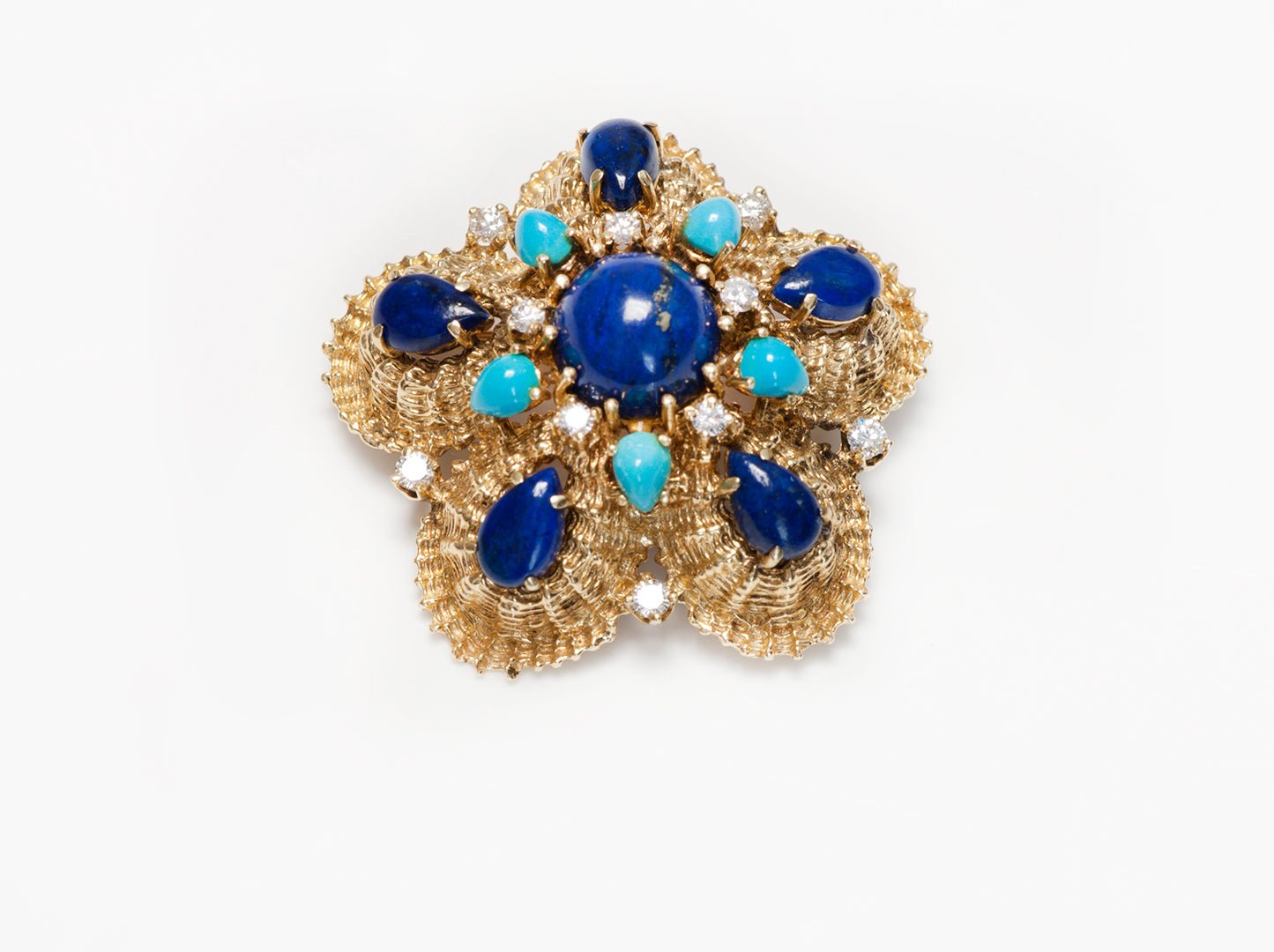 Vintage 18K Yellow Gold Lapis Turquoise Diamond Brooch