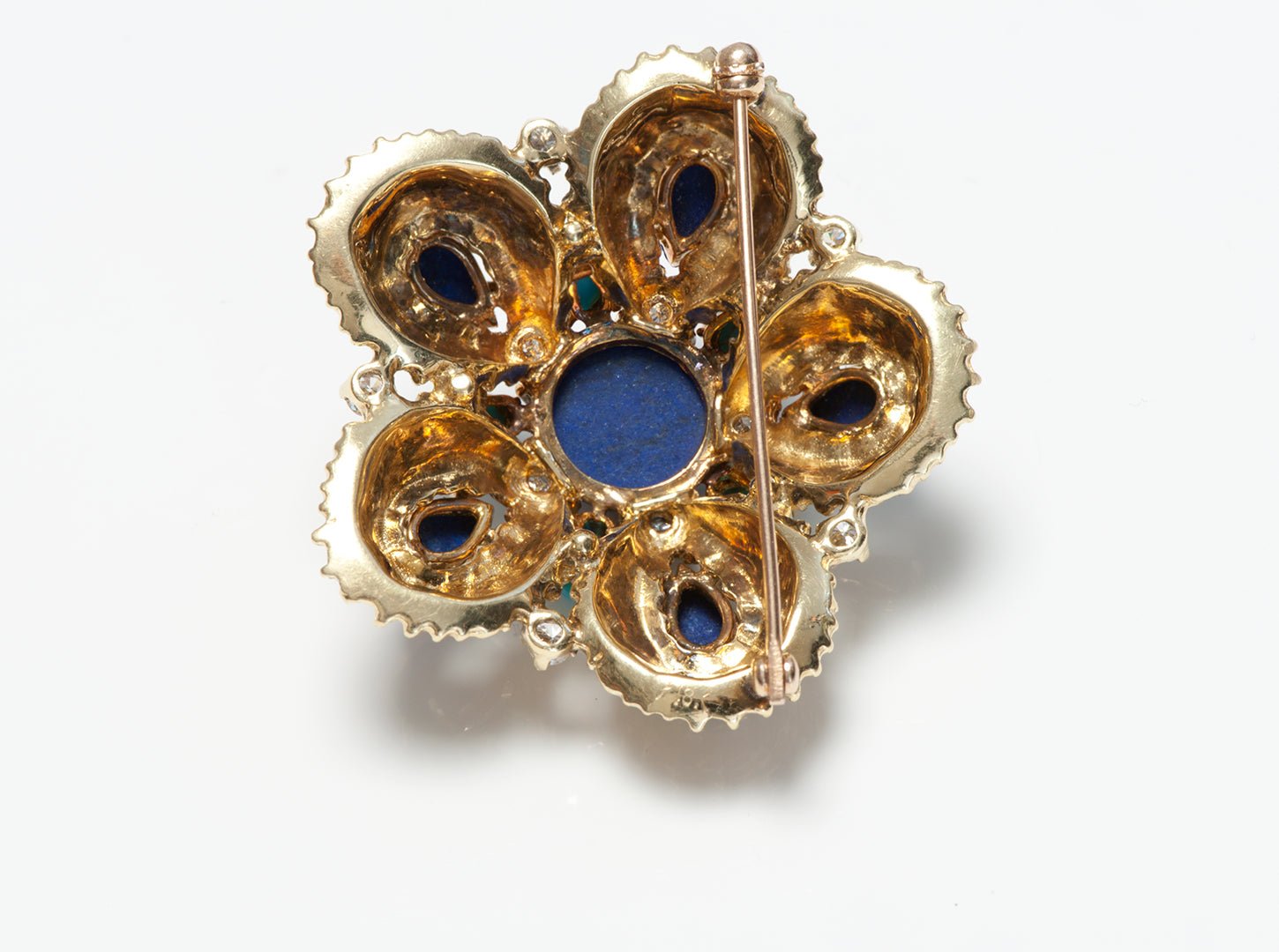 Vintage 18K Yellow Gold Lapis Turquoise Diamond Brooch