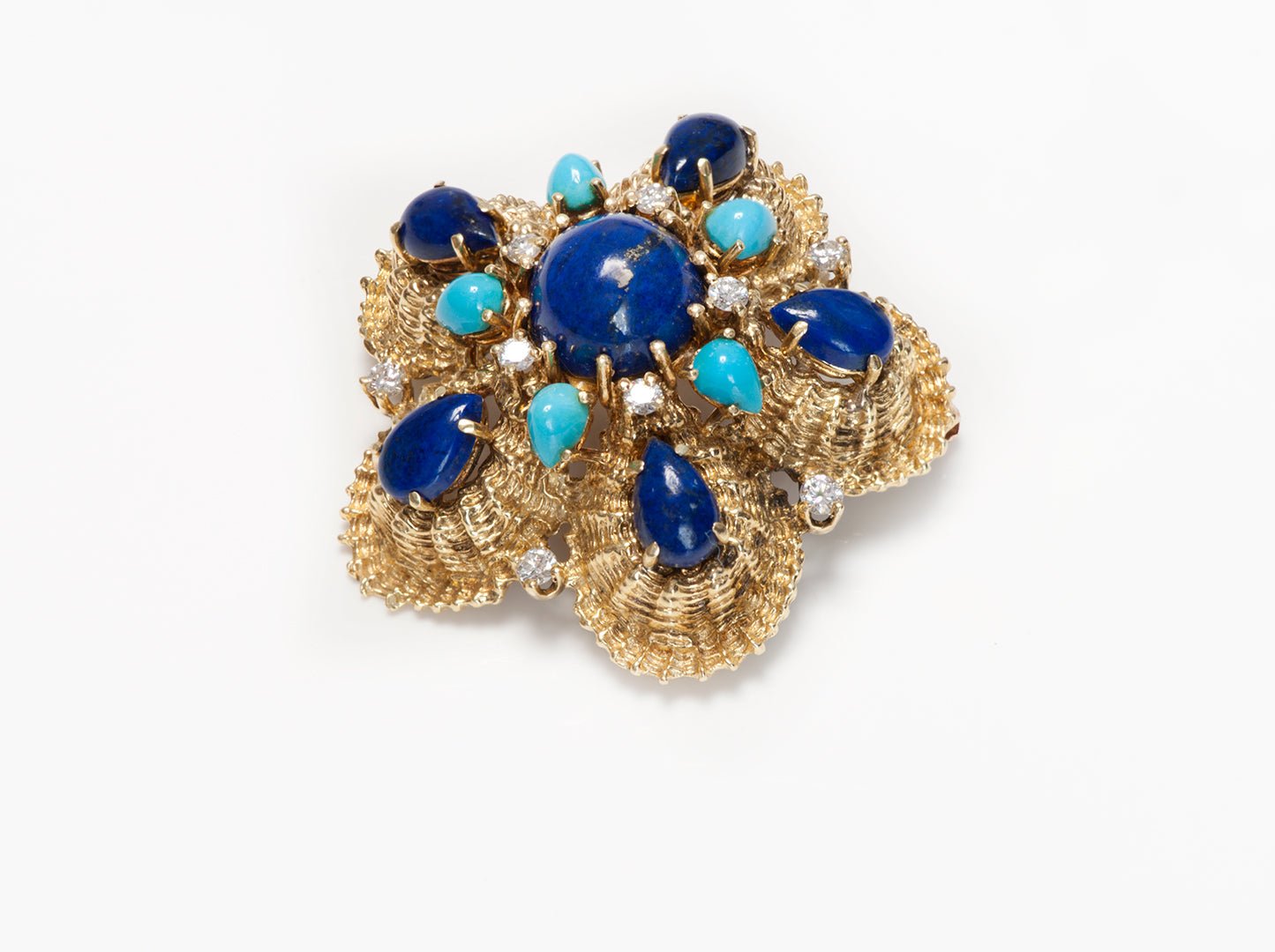 Vintage 18K Yellow Gold Lapis Turquoise Diamond Brooch