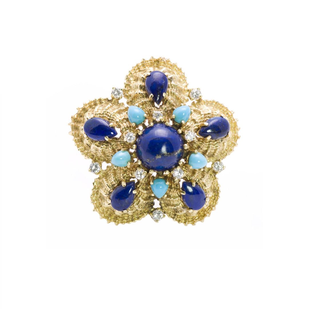 Vintage 18K Yellow Gold Lapis Turquoise Diamond Brooch