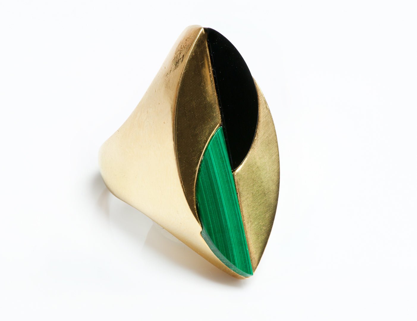 Vintage 18K Yellow Gold Marquise Shape Onyx & Malachite Ring