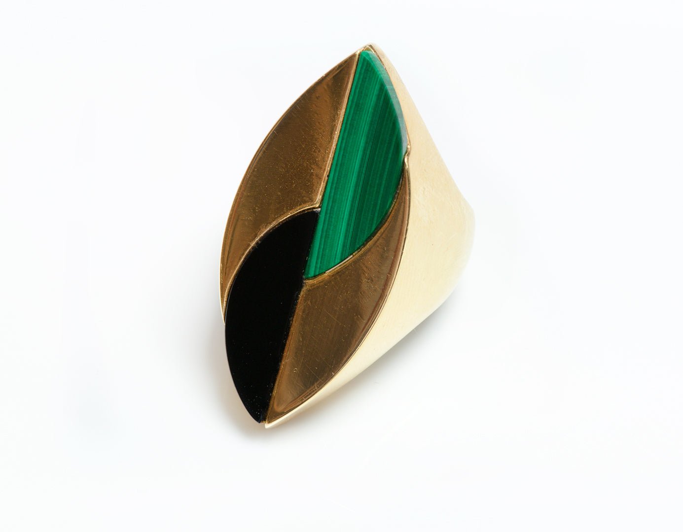 Vintage 18K Yellow Gold Marquise Shape Onyx & Malachite Ring