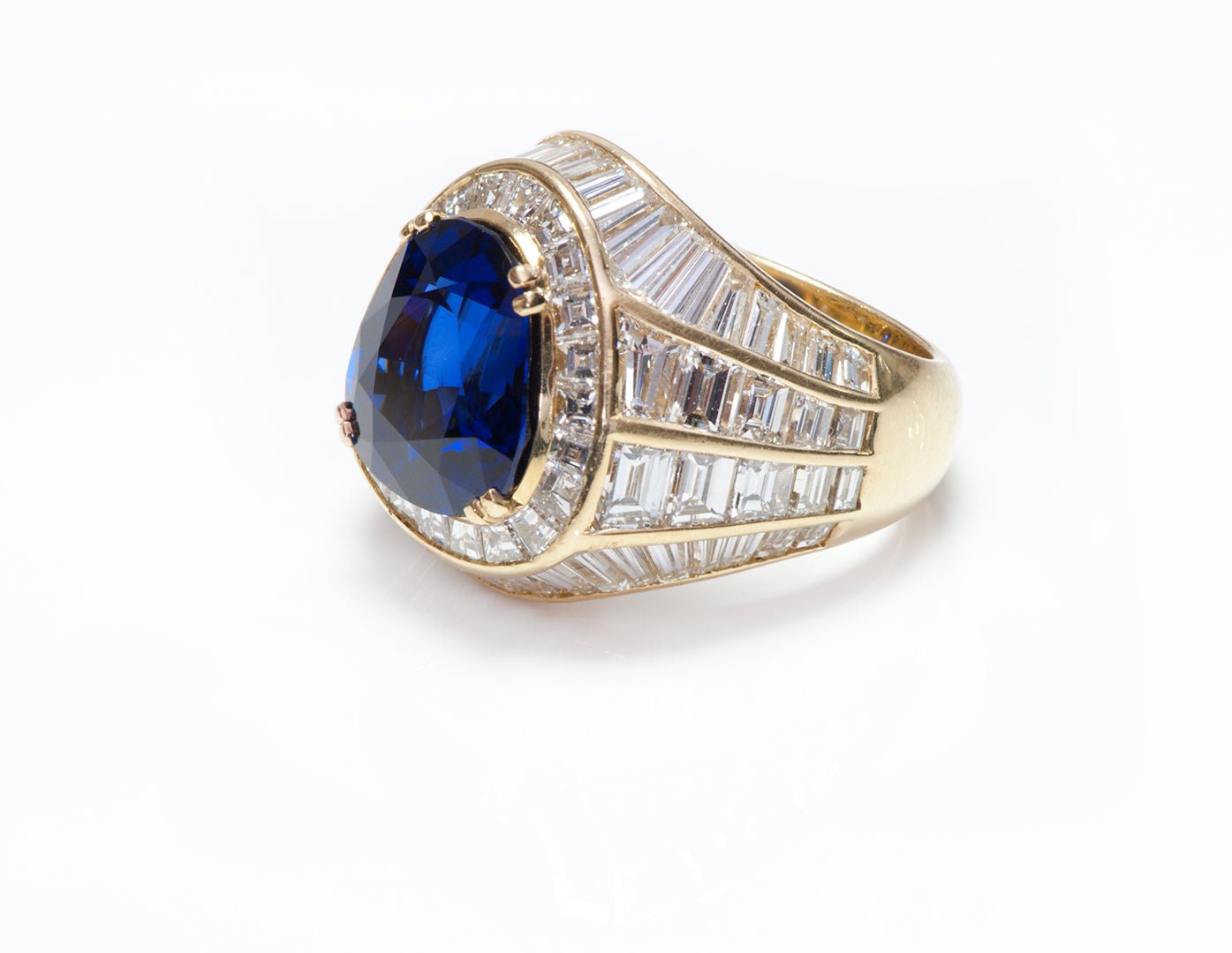 Vintage 18K Yellow Gold Sapphire Baguette & Square Cut Diamond Ring