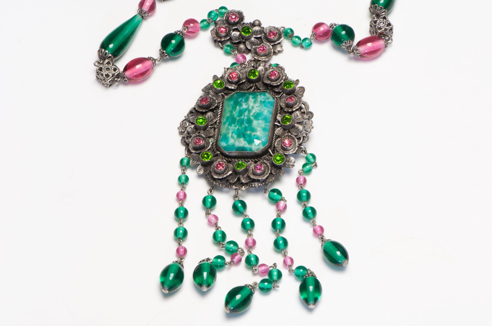 Vintage 1930's Czech Green Pink Glass Beads Crystal Flapper Necklace