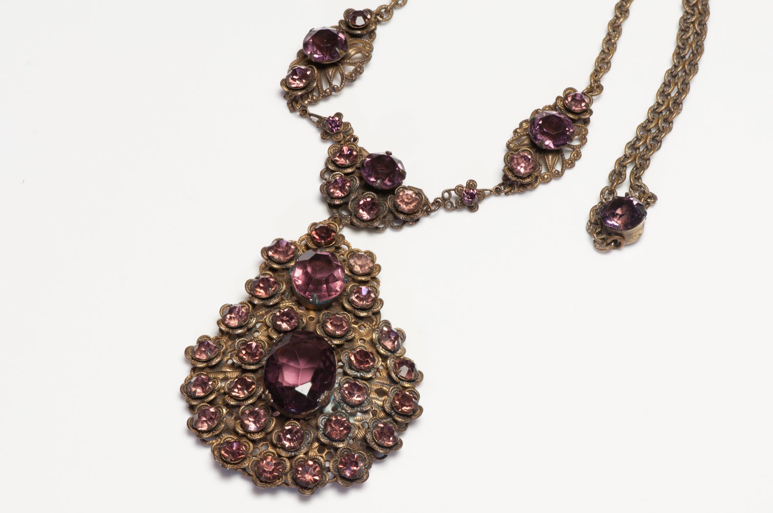 Vintage 1930’s Czech Purple Crystal Flower Pendant Necklace